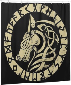Retro Viking Wolf Print Shower Curtain - Waterproof Bath Curtain with Bathroom Décor