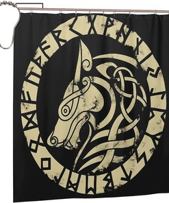 Retro Viking Wolf Print Shower Curtain - Waterproof Bath Curtain with Bathroom Decor for Home, Hotel, Office 