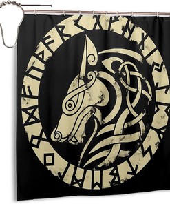 Retro Viking Wolf Print Shower Curtain - Waterproof Bath Curtain with Bathroom Decor for Home, Hotel, Office