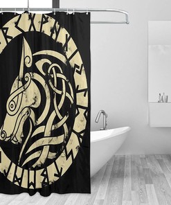 Retro Viking Wolf Print Shower Curtain - Waterproof Bath Curtain with Bathroom Decor for Home, Hotel, Office