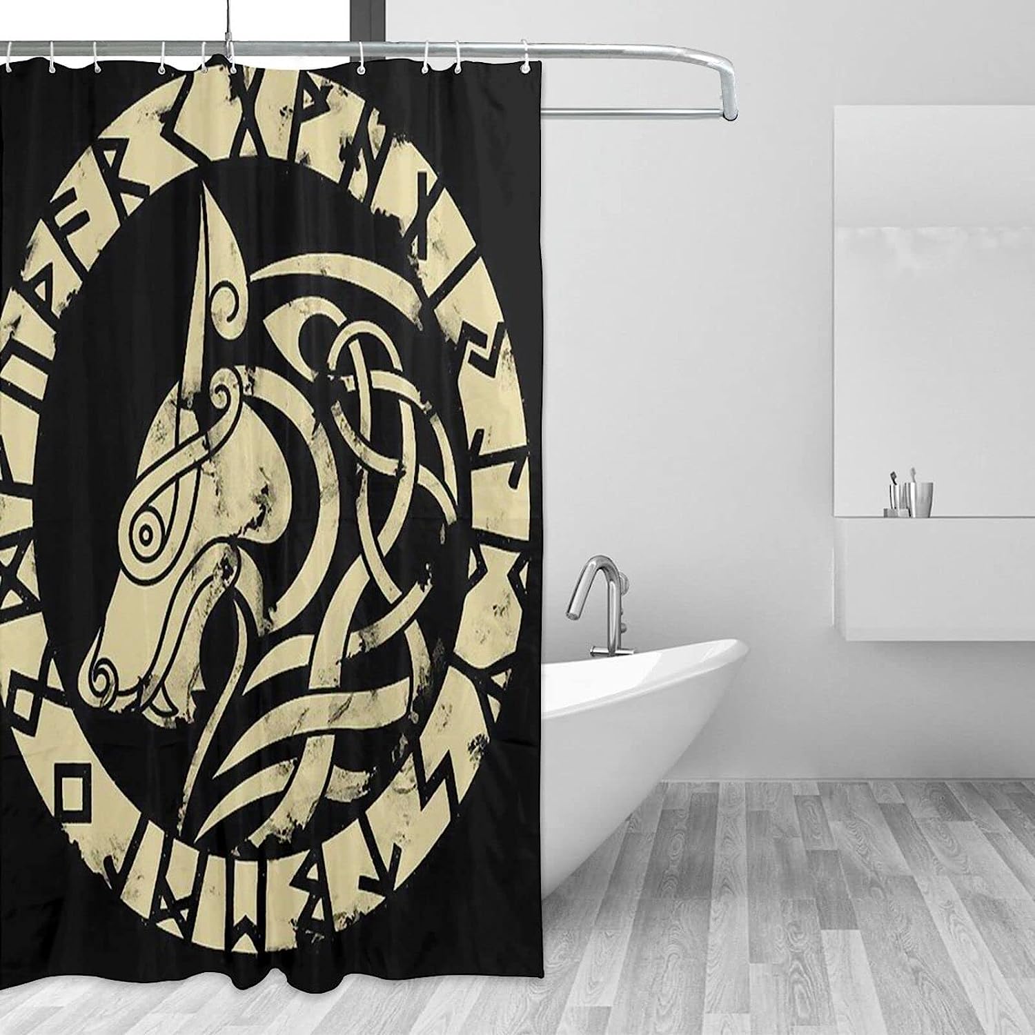 Retro Viking Wolf Print Shower Curtain - Waterproof Bath Curtain with Bathroom Decor for Home, Hotel, Office