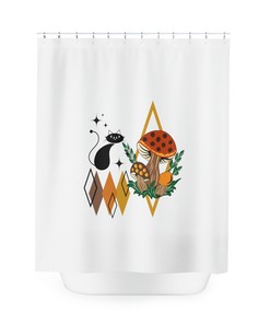 Retro Vintage Inspired Merry Mushroom Atomic Cat Shower Curtain,
