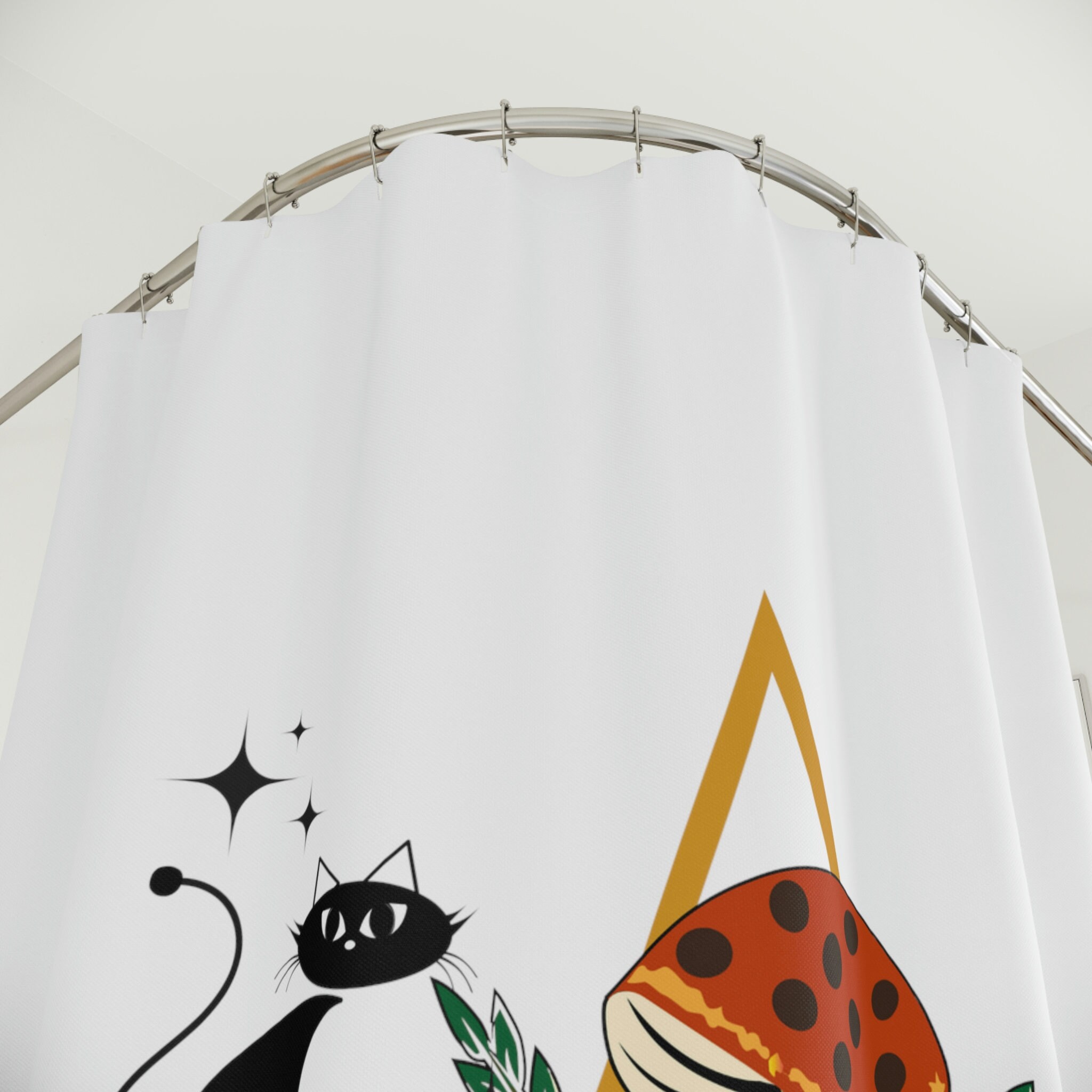 Retro Vintage Inspired Merry Mushroom Atomic Cat Shower Curtain, - Image 2