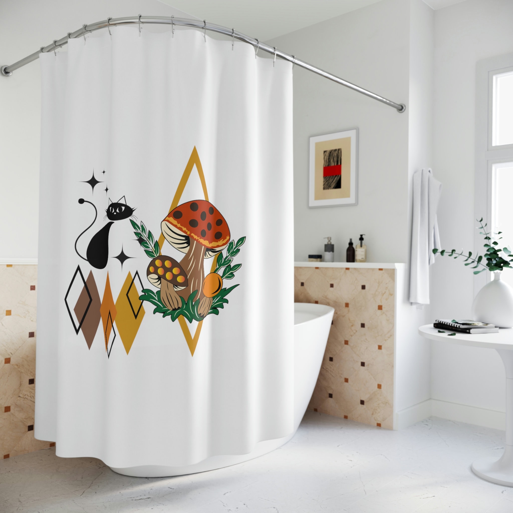 Retro Vintage Inspired Merry Mushroom Atomic Cat Shower Curtain, - Image 3