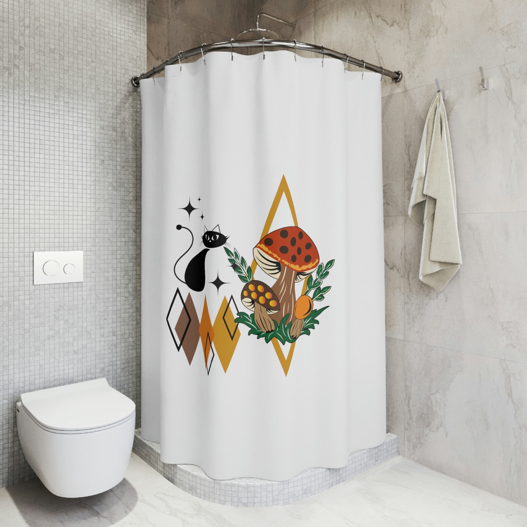 Retro Vintage Inspired Merry Mushroom Atomic Cat Shower Curtain, - Image 4
