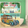 Retro Watercolor Shower Curtain with San Diego, California and Hawaii Design, Coastal Bathroom Decor 
