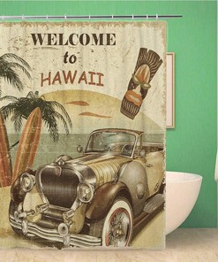 Retro Welcome to Hawaii Shower Curtain with Anniversary Banner Design - Waterproof Fabric Bathroom Curtains