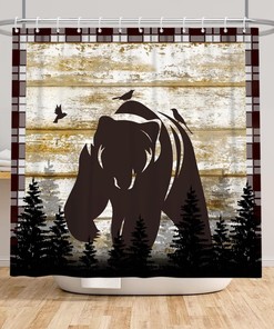 Retro Wood Board Black Bear Forest Birds Shower Curtain for Bathroom Decor