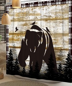 Retro Wood Board Black Bear Forest Birds Shower Curtain for Bathroom Decor