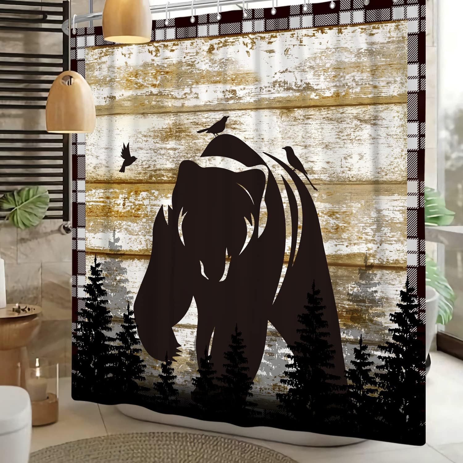 Retro Wood Board Black Bear Forest Birds Shower Curtain for Bathroom Decor