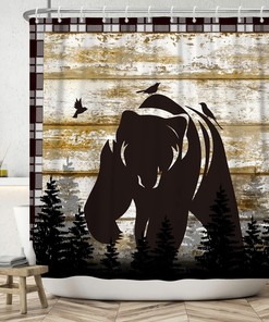 Retro Wood Board Black Bear Forest Birds Shower Curtain for Bathroom Decor