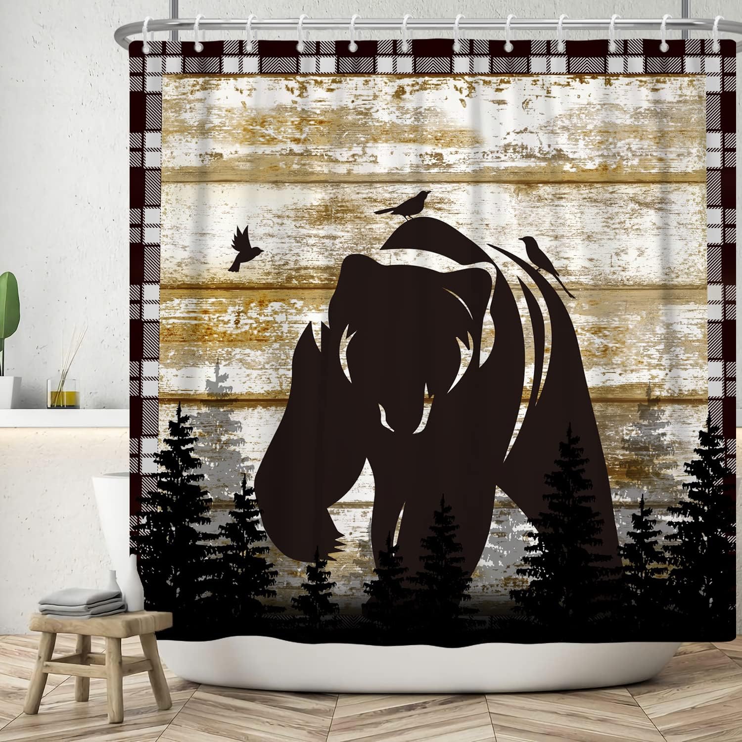 Retro Wood Board Black Bear Forest Birds Shower Curtain for Bathroom Decor