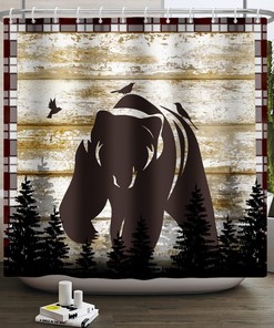 Retro Wood Board Black Bear Forest Birds Shower Curtain for Bathroom Decor