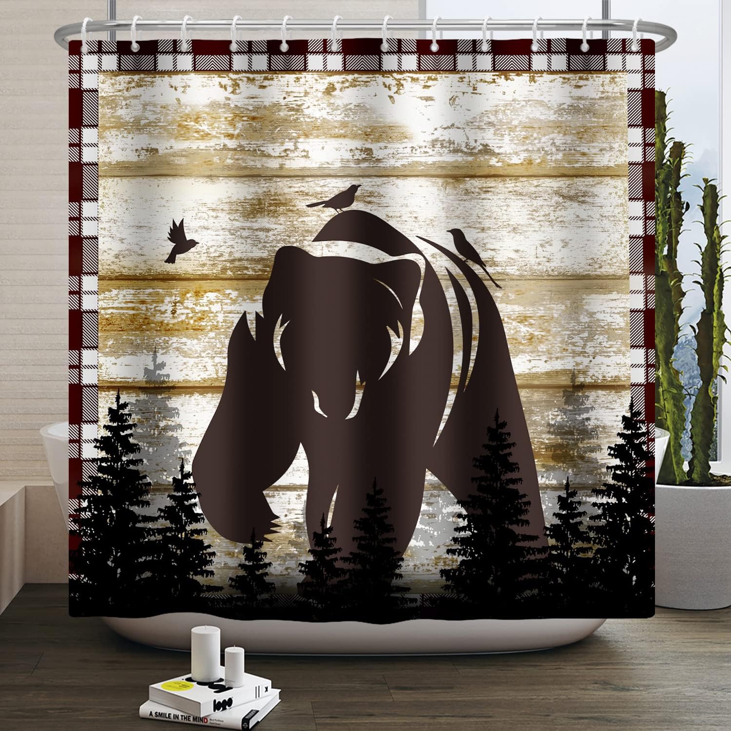 Retro Wood Board Black Bear Forest Birds Shower Curtain for Bathroom Decor