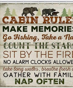 Retro Wood Cabin Rules Shower Curtain - Bear Count Star Tree Pine Bath Curtains With Rustic Design