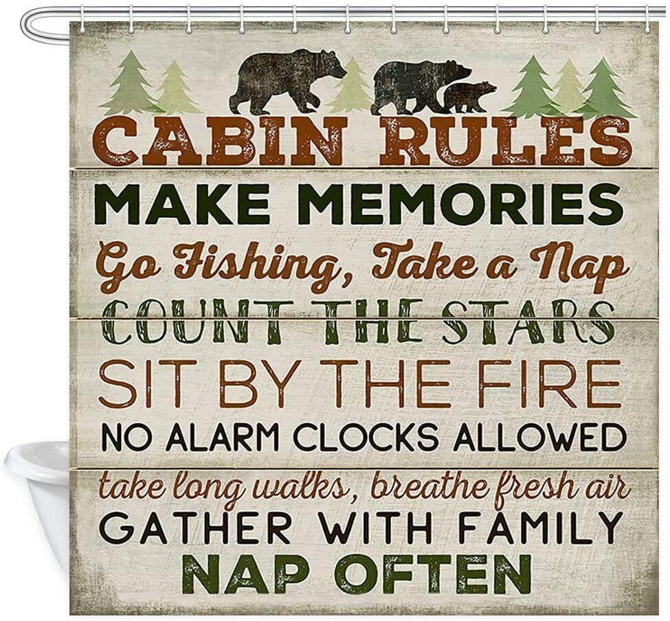 Retro Wood Cabin Rules Shower Curtain - Bear Count Star Tree Pine Bath Curtains With Rustic Design