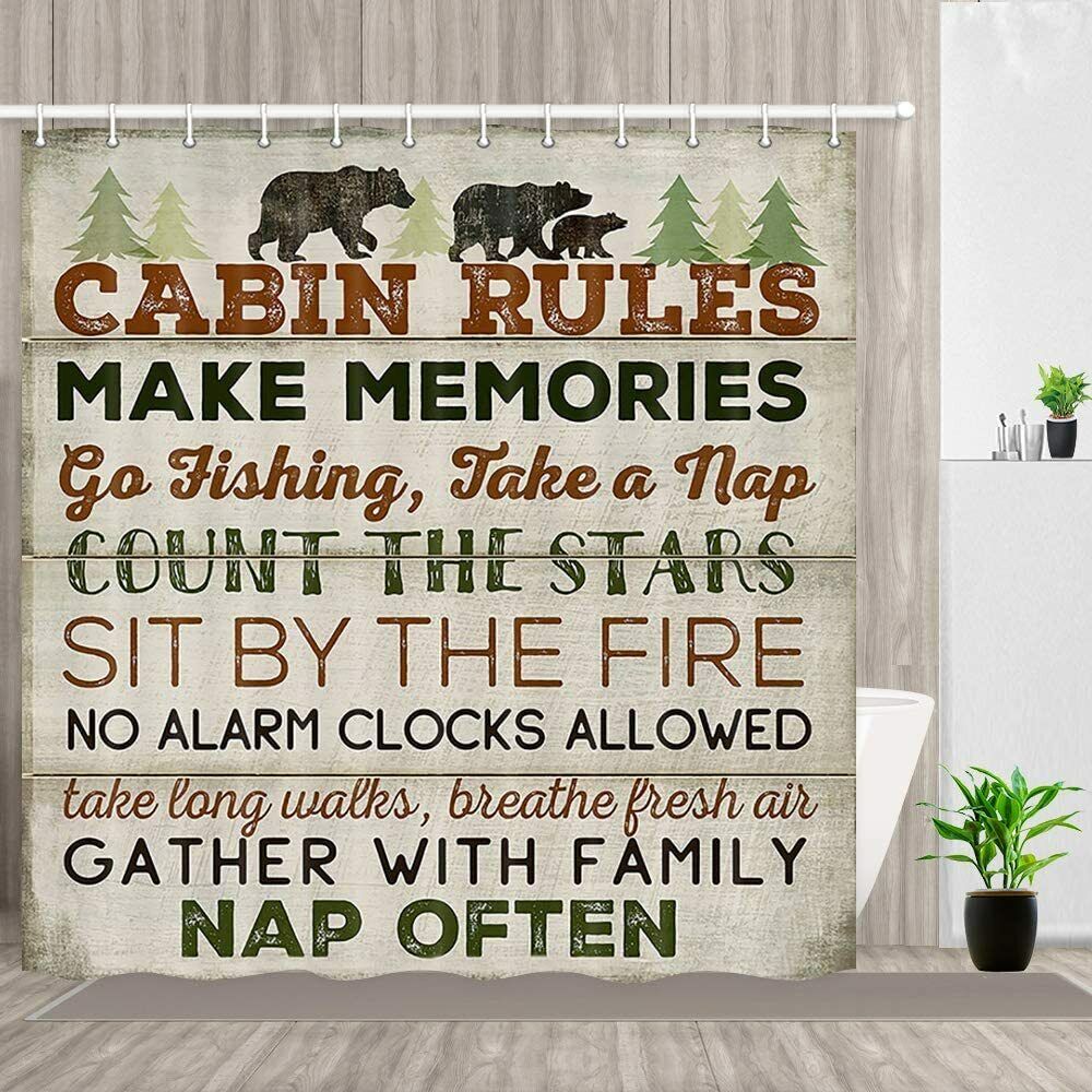 Retro Wood Cabin Rules Shower Curtain - Bear Count Star Tree Pine Bath Curtains With Rustic Design - Image 2