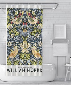 Retro Yellow Green Flower Birds Pattern William Morris Shower Curtain - Weighted Hem Bathroom Decor