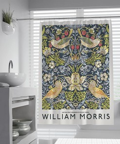 Retro Yellow Green Flower Birds Pattern William Morris Shower Curtain - Weighted Hem Bathroom Decor
