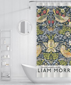 Retro Yellow Green Flower Birds Pattern William Morris Shower Curtain - Weighted Hem Bathroom Decor