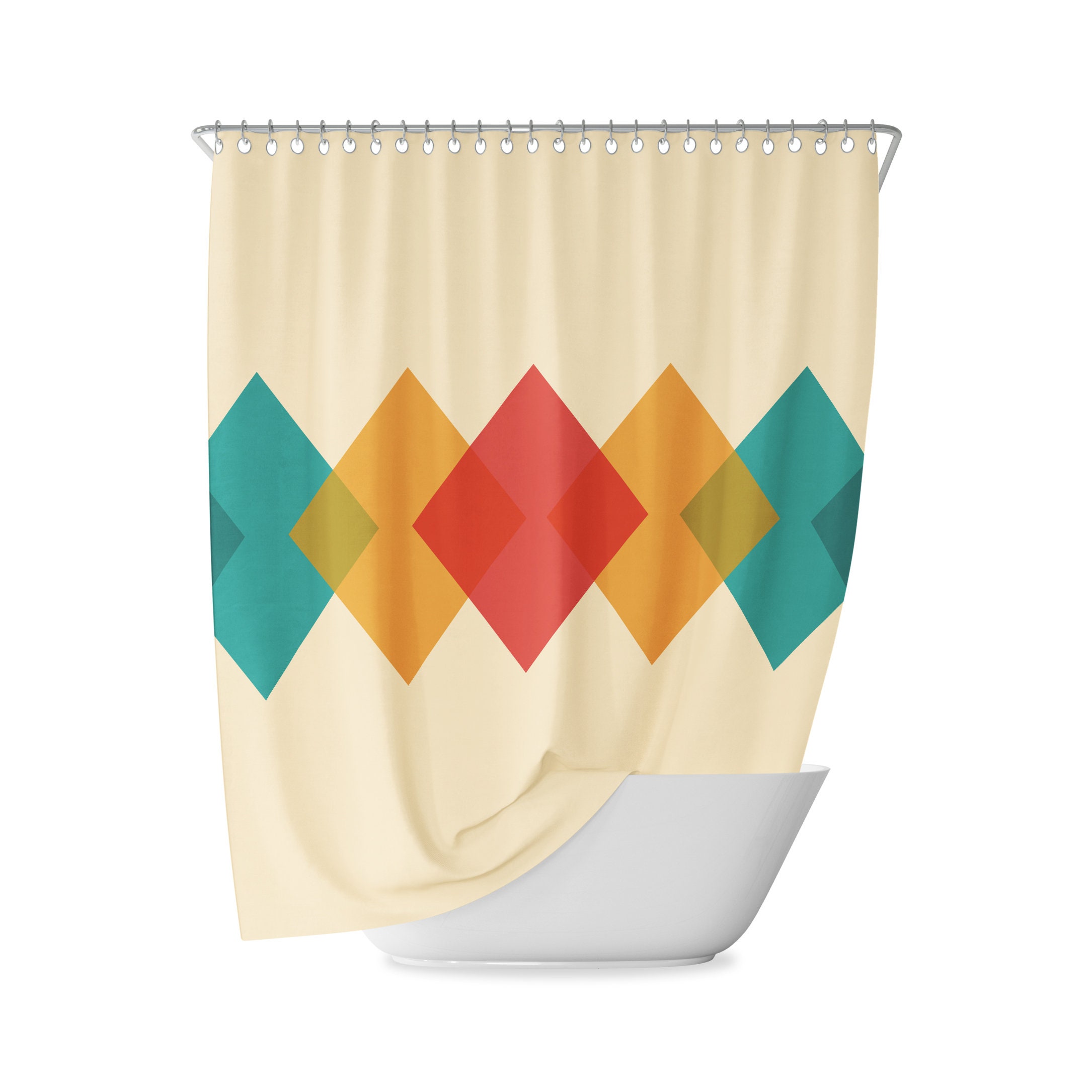 Retro Yellow Red Cream Rhombus Mid Century Geometric Shower Curtain with Abstract Color Minimal Design