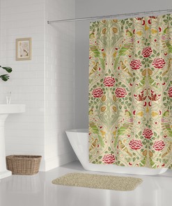Retro-Style Shower Curtain with Vintage Birds and Flora Print, William Morris-Inspired Design for a Nostalgic Bathroom