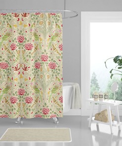 Retro-Style Shower Curtain with Vintage Birds and Flora Print, William Morris-Inspired Design for a Nostalgic Bathroom