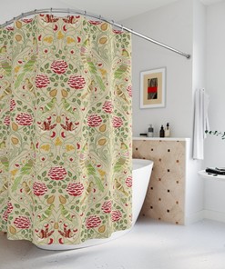 Retro-Style Shower Curtain with Vintage Birds and Flora Print, William Morris-Inspired Design for a Nostalgic Bathroom