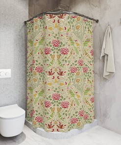 Retro-Style Shower Curtain with Vintage Birds and Flora Print, William Morris-Inspired Design for a Nostalgic Bathroom