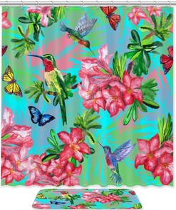 Rhododendron Flower Shower Curtain, Butterfly And Hummingbird Bathroom Decor With Blooming Flowers