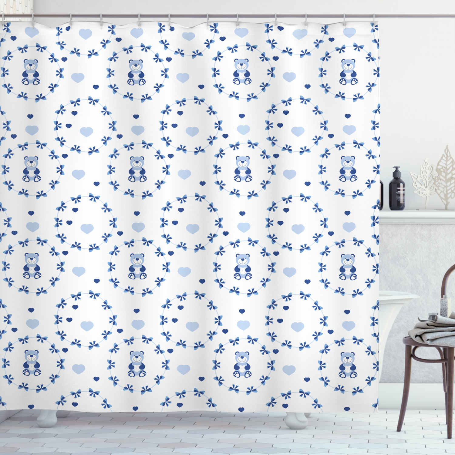 Ribbons Teddy Bears Printed Shower Curtain for Kid's Bathroom Decor- Waterproof and Cute