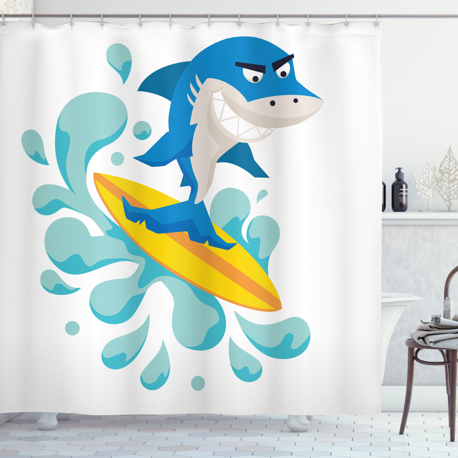 Ride The Wave Shark Printed Shower Curtain For Surfer Bathroom Vibes