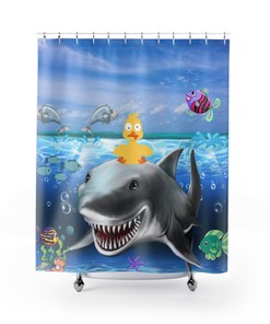 Riding Duck And Shark Shower Curtain For Nautical-Themed Bathrooms