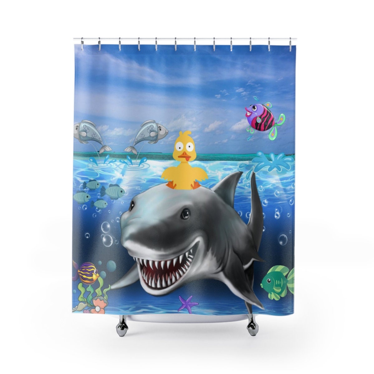 Riding Duck And Shark Shower Curtain For Nautical-Themed Bathrooms