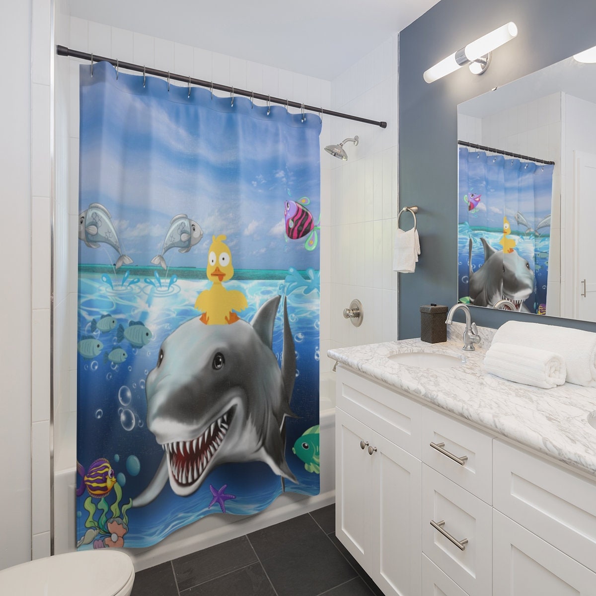 Riding Duck And Shark Shower Curtain For Nautical-Themed Bathrooms - Image 2