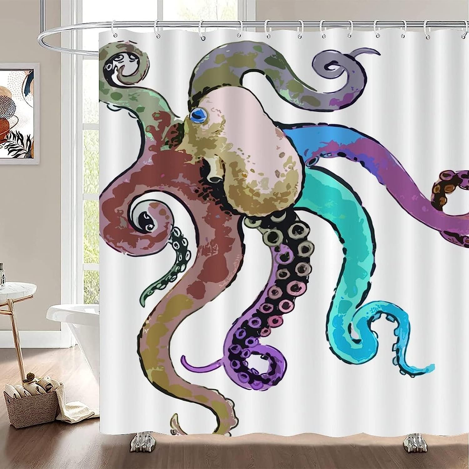 Rimego Colorful Octopus Art Sea Animal Shower Curtain for Kids Bathroom