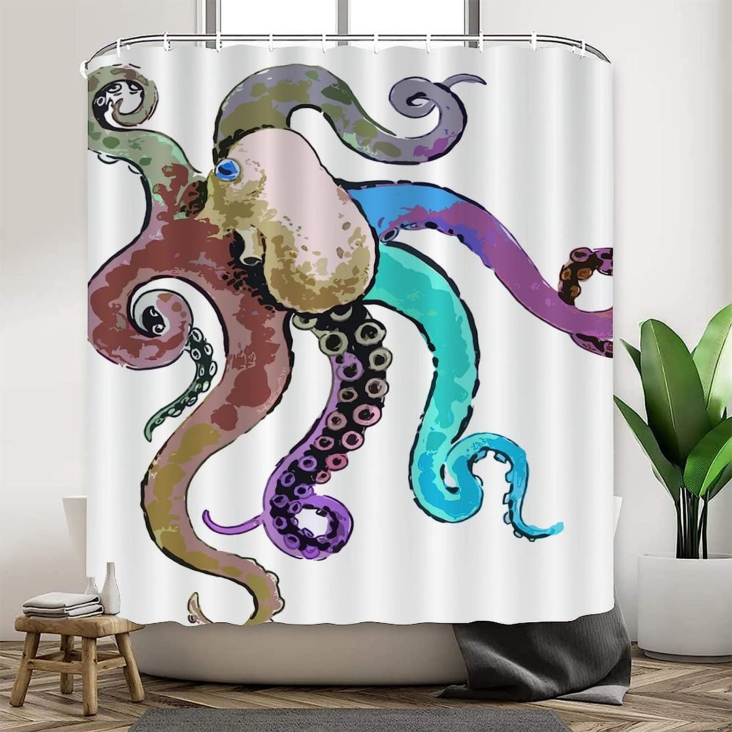 Rimego Colorful Octopus Art Sea Animal Shower Curtain for Kids Bathroom