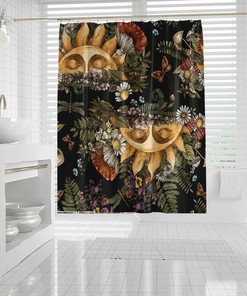 Rising Sun and Flower Print Shower Curtain, Floral Modern Goth Grunge Bathroom Decor, Waterproof Curtain 