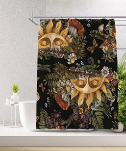 Rising Sun and Flower Print Shower Curtain, Floral Modern Goth Grunge Bathroom Decor, Waterproof Curtain