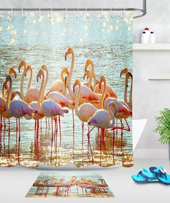 River Water Reflection Flamingo Print Shower Curtain for a Scenic Bathroom