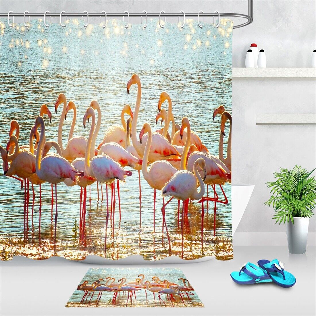 River Water Reflection Flamingo Print Shower Curtain for a Scenic Bathroom