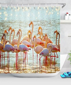 River Water Reflection Flamingo Print Shower Curtain for a Scenic Bathroom