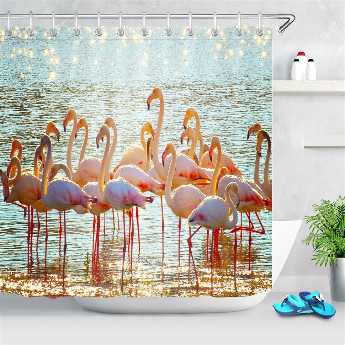 River Water Reflection Flamingo Print Shower Curtain for a Scenic Bathroom