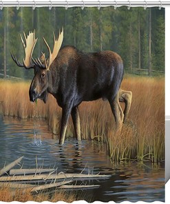 River Wildlife Moose Forest Fabric Shower Curtain for Bathroom Decor