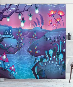 River and Tree Mushroom Shower Curtain - Playful and Sunny Bathroom Decor