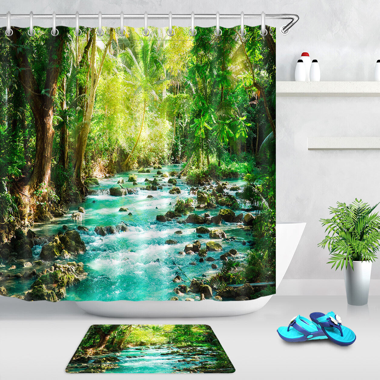 River in Tropical Jungle Shower Curtain for a Lush and Serene Bathroom Decor