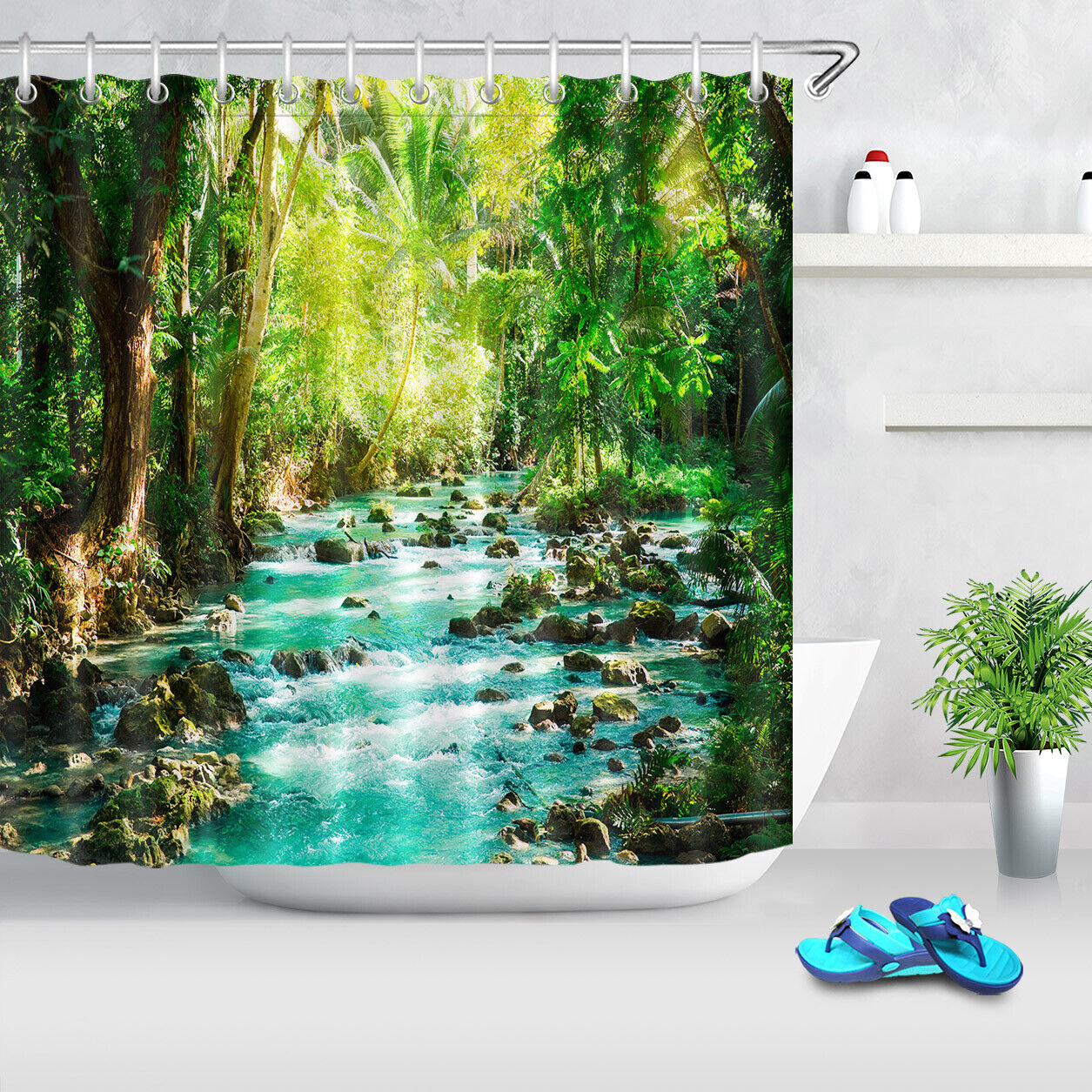 River in Tropical Jungle Shower Curtain for a Lush and Serene Bathroom Decor