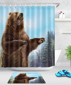 Roaring Brown Bear Pine Forest Fabric Shower Curtain for a Rustic and Cozy Vibe
