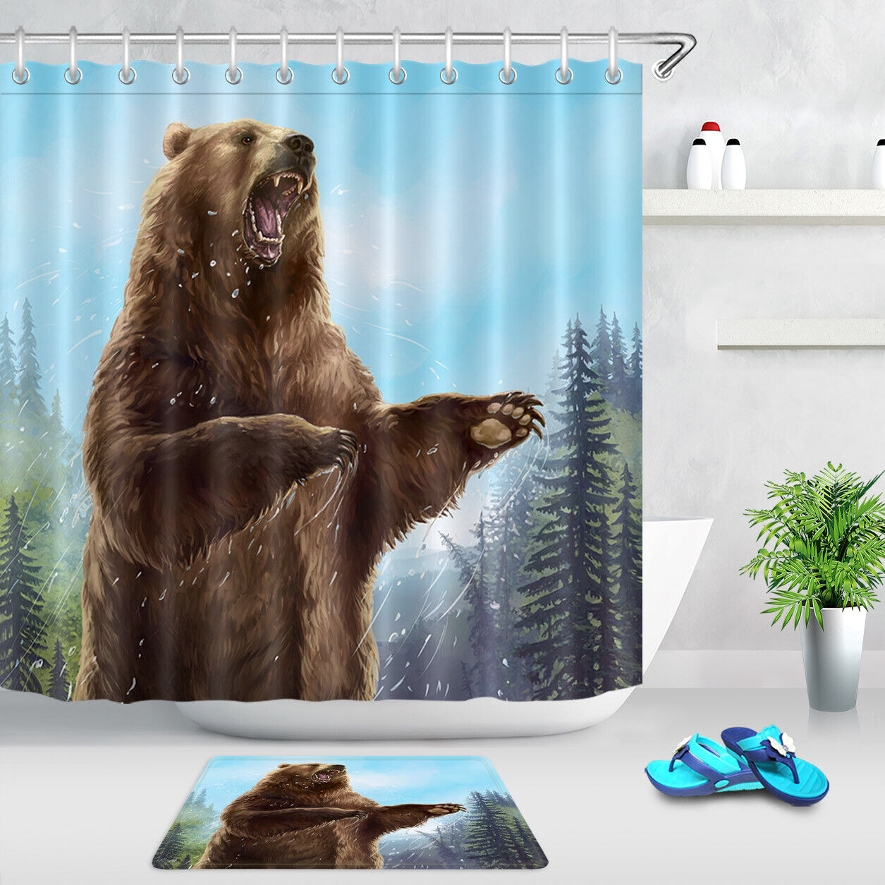 Roaring Brown Bear Pine Forest Fabric Shower Curtain for a Rustic and Cozy Vibe