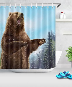 Roaring Brown Bear Pine Forest Fabric Shower Curtain for a Rustic and Cozy Vibe